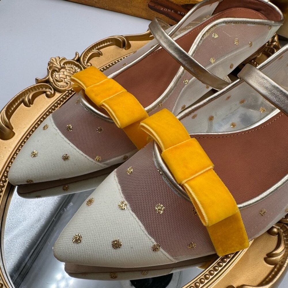🆕 MALONE SOULIERS 🧿 BNWOB White Mesh Mules with Yellow Velvet Bow Size 39 - 9 - Picture 6 of 15